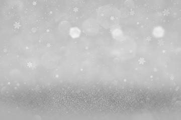 Fototapeta premium cute bright glitter lights defocused bokeh abstract background and falling snow flakes fly, celebratory mockup texture with blank space for your content