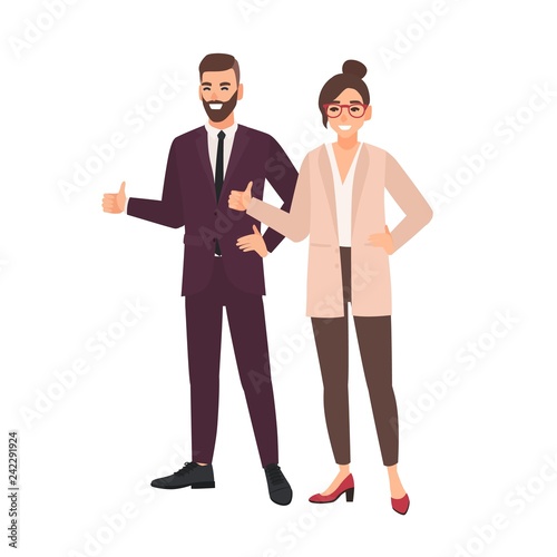 Pair Of Office Workers Standing Together And Demonstrating Thumbs Up Hand Gesture Male And Female Professionals Or Colleagues Cartoon Characters Isolated On White Background Vector Illustration Wall Mural Good Studio