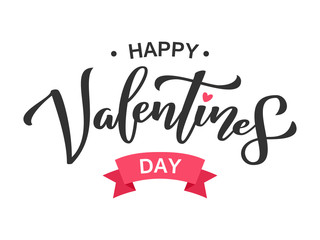 Happy Valentines Day greeting lettering. Ink typography phrase for valentine card. Black text isolated on white background with pink heart