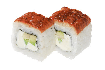 Sushi rolls with sea eel, cheese philadelphia and avocado. Isolated on white background.