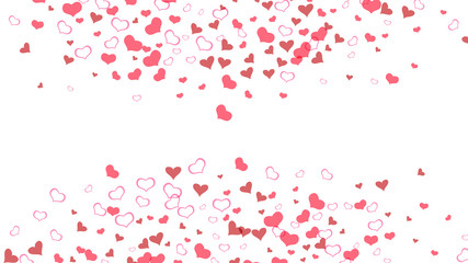 Part of the design of wallpaper, textiles, packaging, printing, holiday invitation for wedding. Red on White background Vector. Red hearts of confetti are falling. Happy background.