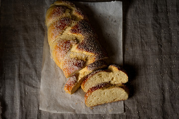 Sliced challah jewish bread served with cottage cheese