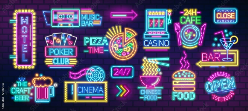 Wall mural collection of symbols, signs or signboards glowing with colorful neon light for poker club, casino,  - Wall murals