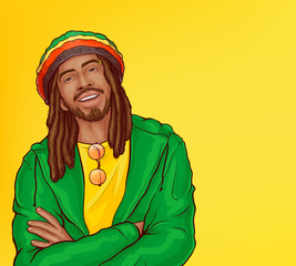 Vector pop art male character - smiling rasta guy with dreadlocks. Man from Jamaica in green jacket, bright cap isolated on yellow background. African rastafarian with beard, mustache, reggae person. - obrazy, fototapety, plakaty