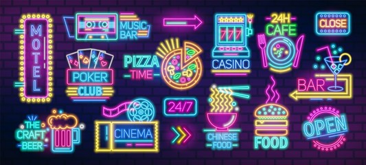 Collection of symbols, signs or signboards glowing with colorful neon light for poker club, casino, pizzeria, Chinese food cafe or restaurant, motel, cocktail bar. Bright colored vector illustration. - obrazy, fototapety, plakaty
