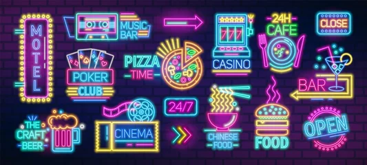 Fotobehang Collection of symbols, signs or signboards glowing with colorful neon light for poker club, casino, pizzeria, Chinese food cafe or restaurant, motel, cocktail bar. Bright colored vector illustration. © Good Studio