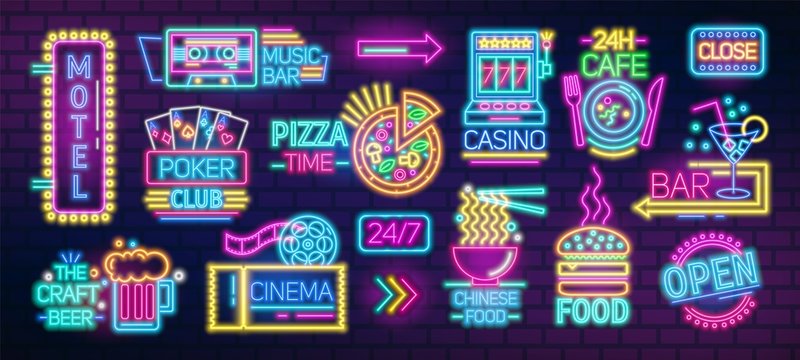 Collection of symbols, signs or signboards glowing with colorful neon light for poker club, casino, pizzeria, Chinese food cafe or restaurant, motel, cocktail bar. Bright colored vector illustration.