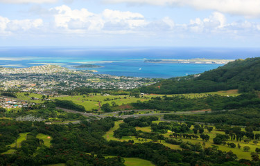 Kaneohe Bay area, east Oahu, Hawaii. View from Pali Lookout high on Koolau Mountain Range.