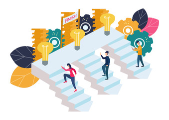 Vector illustration, people run and go to their goal on the stairs, raise motivation