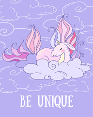 fabulous vector greeting card with cartoon unicorn on cloud on cloudy background