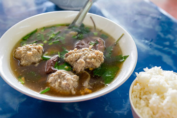 Thai Style Clear Soup with Congealed pork blood with rice