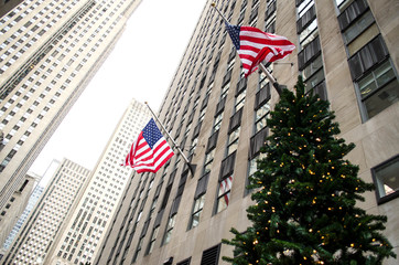 American Flags Above a Christmas Tree