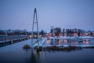 Marina at Niegocin lake at night in Gizycko, Masuria, Poland