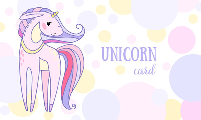 fairy tale vector panorama postcard with cartoon unicorn on a background of polka dots