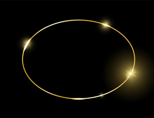 Gold shiny glowing vintage frame isolated on black. Golden luxury realistic border. Wedding, mothers or Valentines day, vintage portrait concept. Xmas and New Year abstract. Vector illustration