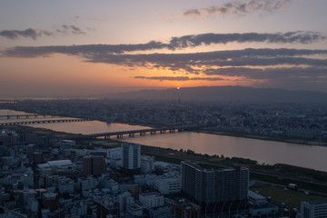 Aerial view of Osaka at sunset, Japan