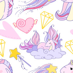 fairy tale vector seamless pattern with cartoon unicorn, heart, magic wand, diamond, cloud