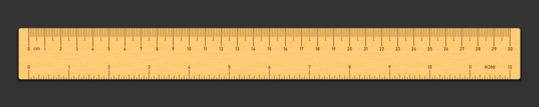 Realistic wooden tape ruler isolated on black. Double sided measurement in cm and inches. Vector illustration