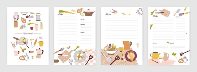Collection of recipe card or sheet templates for making notes about meal preparation and cooking ingredients. Empty cookbook pages decorated with colorful crockery and vegetables. Vector illustration. - obrazy, fototapety, plakaty