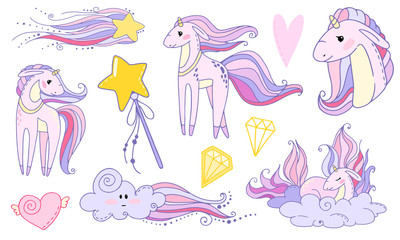 fairy vector set with cartoon unicorn, heart, magic wand, diamond, cloud