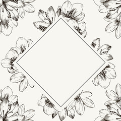 Frame with spring flowers. Ready postcard. Botanical illustration. Primroses, snowdrops, hellebore hand-drawn with ink and a pen. Vector illustration