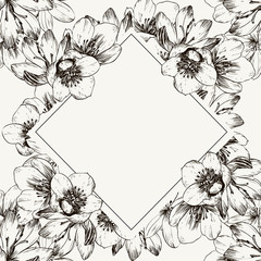 Frame with spring flowers. Ready postcard. Botanical illustration. Primroses, snowdrops, hellebore hand-drawn with ink and a pen. Vector illustration