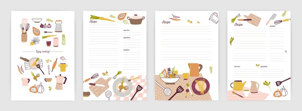 Collection of recipe card or sheet templates for making notes about meal preparation and cooking ingredients. Empty cookbook pages decorated with colorful crockery and vegetables. Vector illustration.