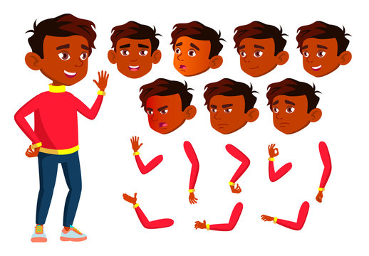 Indian Boy, Child, Kid, Teen Vector. Happy Childhood. Hindu. Face Emotions, Various Gestures. Animation Creation Set. Isolated Flat Cartoon Character Illustration