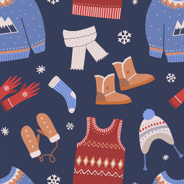 Seamless pattern with knitted winter clothes on dark background