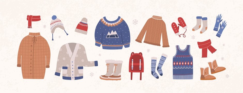 Bundle of knitted winter clothes and outerwear isolated on light background - woolen sweater, cardigan, waistcoat, snow boots, hat, gloves, socks. Set of seasonal clothing. Flat vector illustration.