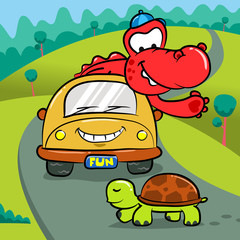Cute Crocodile Driving a Litlle Car meet the Turtle Illustration. - Vector