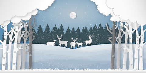 Paper art , cut and digital craft style of Deers in the pine forest in the winter season with trees and snow  as Nature and Happy New Year concept. vector illustration