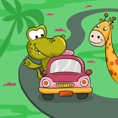 Cute Crocodile Driving a Litlle Car Illustration. - Vector