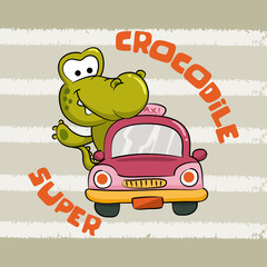 Cute Crocodile Driving a Litlle Car Illustration. - Vector
