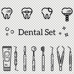 Vector set of flat dental tools and teeth with caries, braces and an implant. Isolated objects on transparent background in a line art style