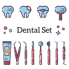 Vector set of flat dental instruments and teeth with caries, braces and an implant. Isolated objects on white background in a line art style.