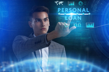 The concept of business, technology, the Internet and the network. A young entrepreneur working on a virtual screen of the future and sees the inscription: Personal loan