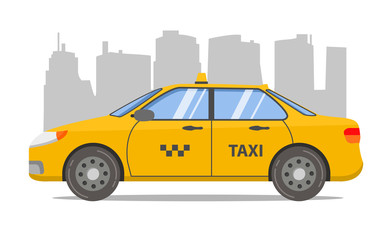 Plakat Taxi yellow car cab sedan.City skyline skyscrapers.Service transport icon.Vehicle side view.