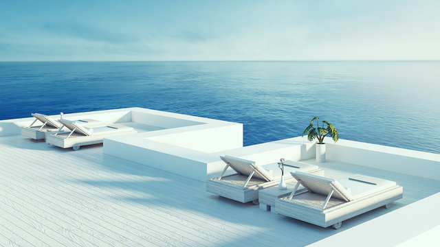 Beach lounge - ocean villa seaside & sea view for vacation and summer / 3d render outdoor