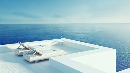 Beach lounge - ocean villa seaside & sea view for vacation and summer / 3d render outdoor