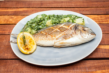 Baked fish on a plate with spinach