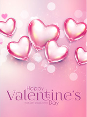 Valentine s Day Design Template with Glossy Heart Balloons and Blur Background.