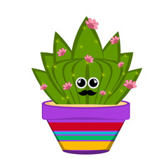 Happy cactus with flowers in a pot. Vector illustration design