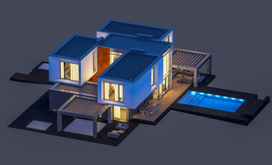 3d rendering of modern cozy house by the river with garage for sale or rent. Cool evening with soft light from window. Isolated on gray.