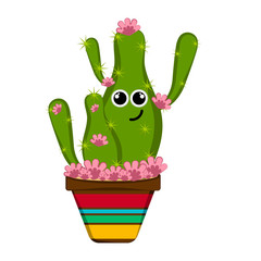 Happy cactus with flowers in a pot. Vector illustration design