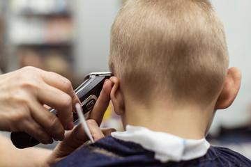Little boy does a haircut at the hairdresser. Baby hair care.