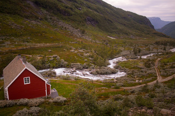 Fototapeta na wymiar Area of Flåm and its touristic train throw the norwegian mountains, at Norway.