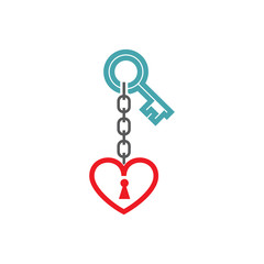 Vector illustration a key on a chain and heart. Set of vector symbols. To pick up or furnish the clue to heart. Flat design 