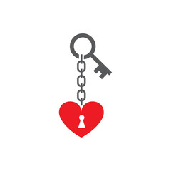 Vector illustration a key on a chain and heart. Set of vector symbols. To pick up or furnish the clue to heart. Flat design Monochrome