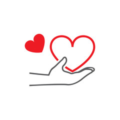 Vector illustration of a male hand of big and small heart. Set of vector symbols. The guy gives to a devshuka the hand and heart and also the love. Flat design Monochrome